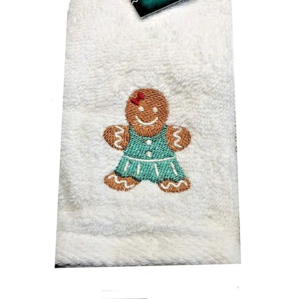 Gingerbread Man and Girl Christmas Fingertip Towels Embroidered White Set of 2